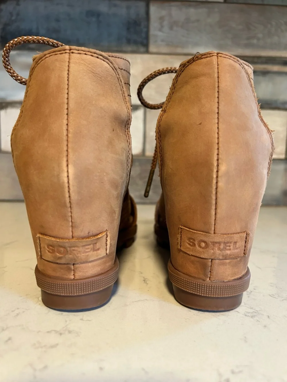 Sorel Joanie II Lace Up Wedge Sandals Tan Brown Waterproof Leather - Picture 11 of 16
